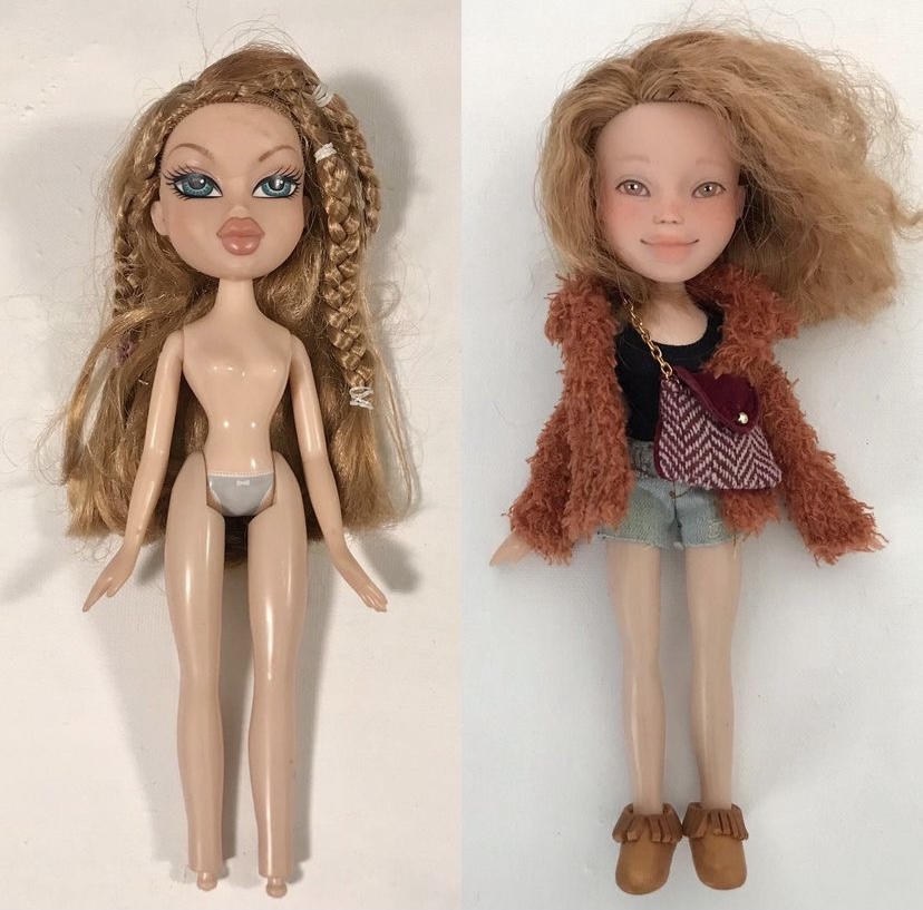 Doll transformation — original Bratz doll before, repainted with natural features and freckles after