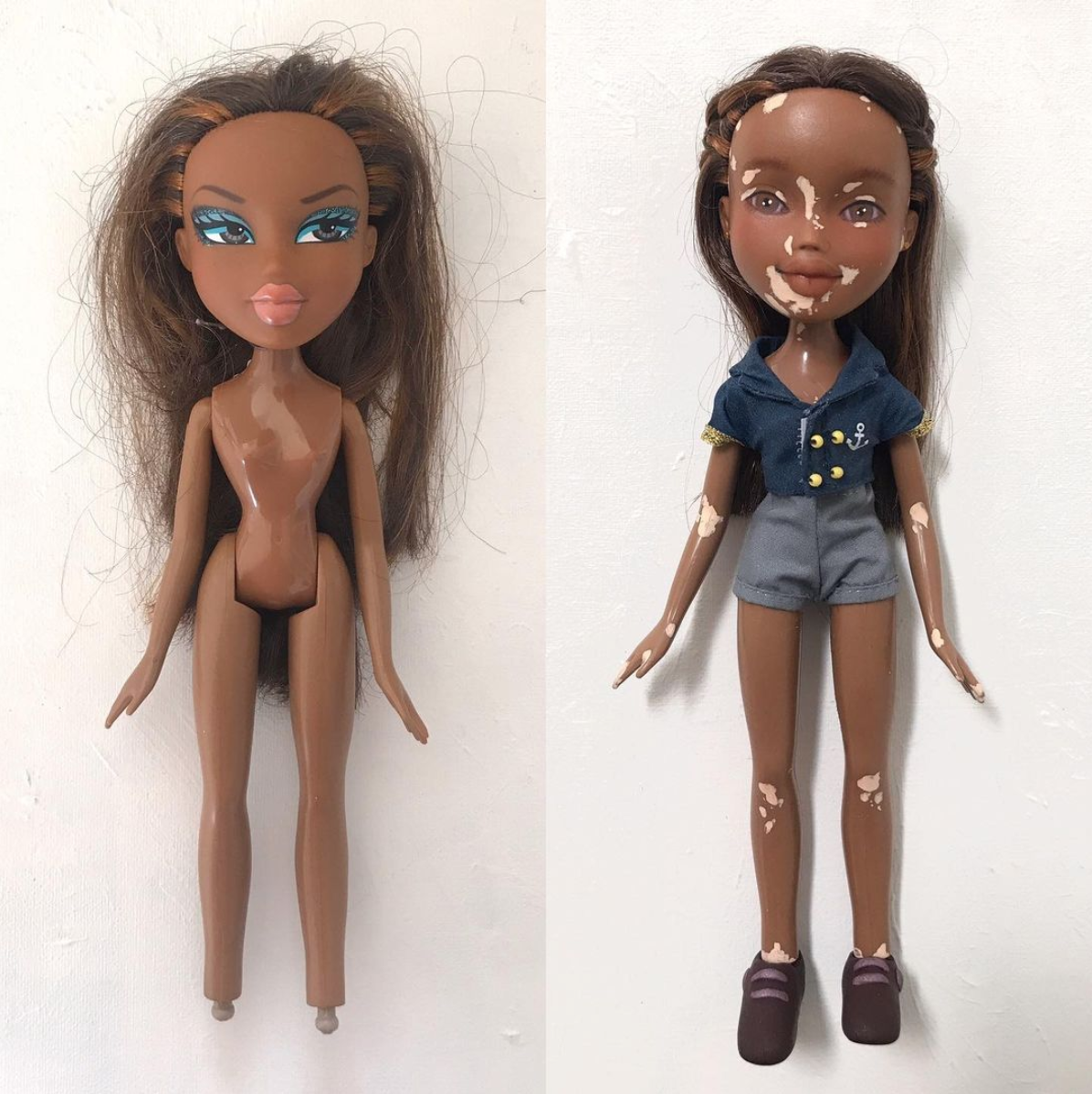 Doll transformation — original doll before, repainted with vitiligo skin representation after