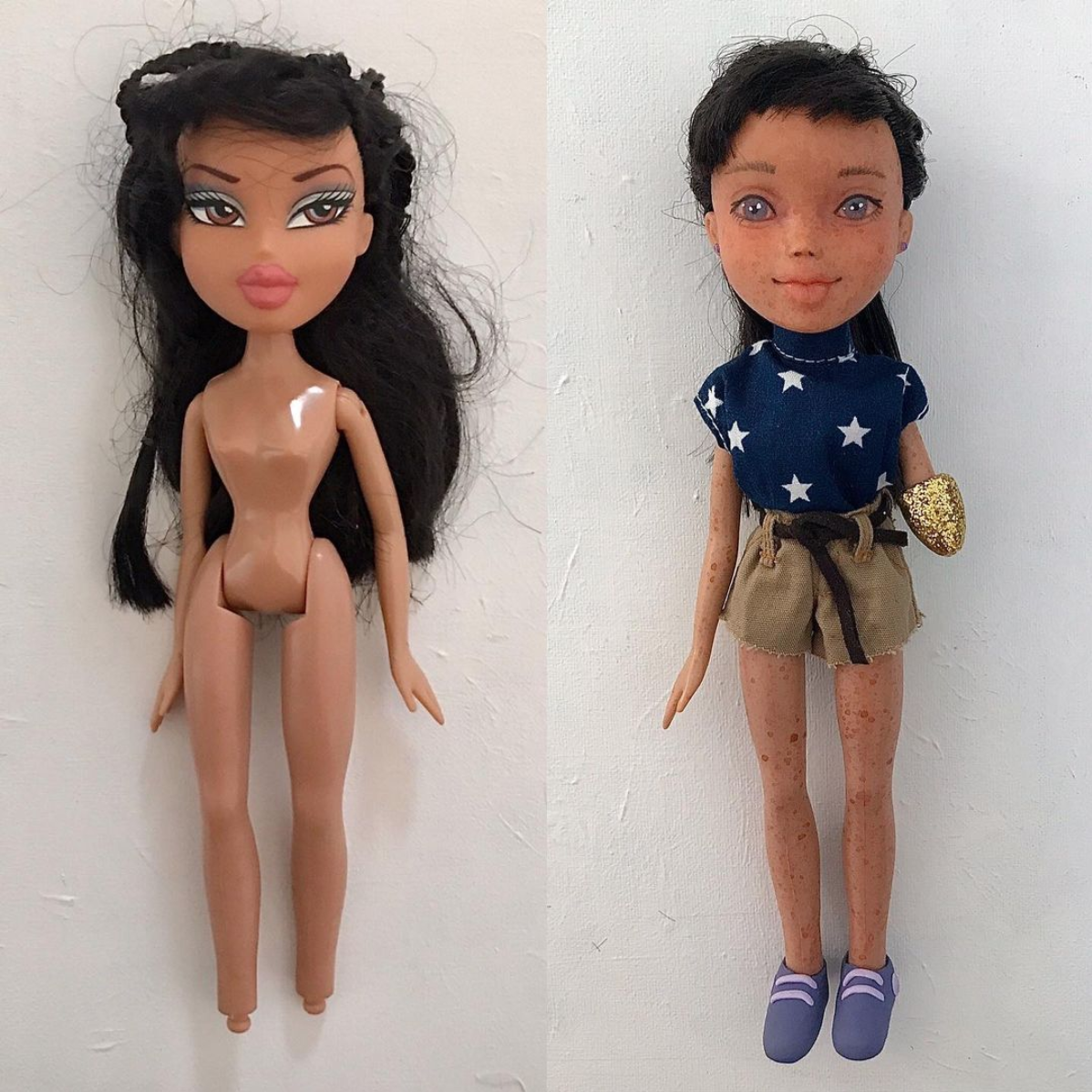 Doll transformation — factory face before, repainted with Down syndrome features after