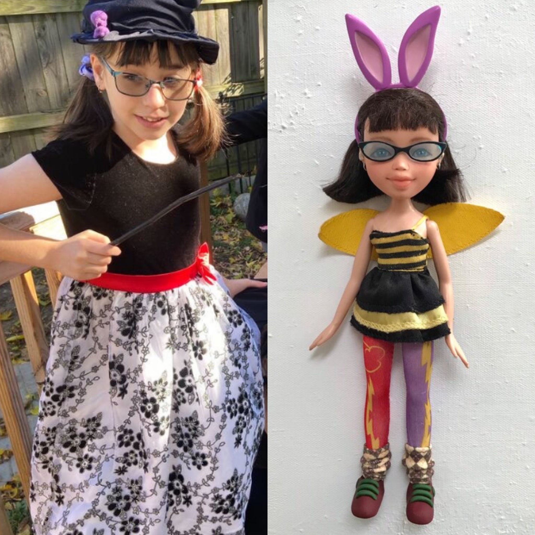 A child in Halloween costume beside her custom doll dressed to match her costume