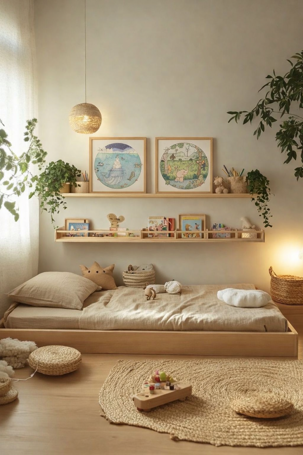 Two circular watercolour illustrations framed and displayed on a nursery shelf, warm natural light