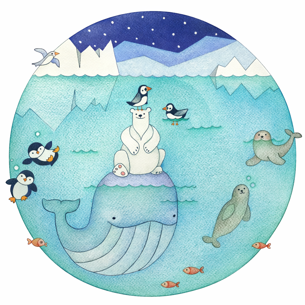 Circular watercolour illustration — Arctic scene with polar bear, penguins, seals, and a whale beneath the ice