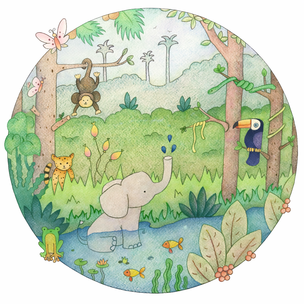 Circular watercolour illustration — jungle scene with elephant, toucan, monkey, and tropical foliage