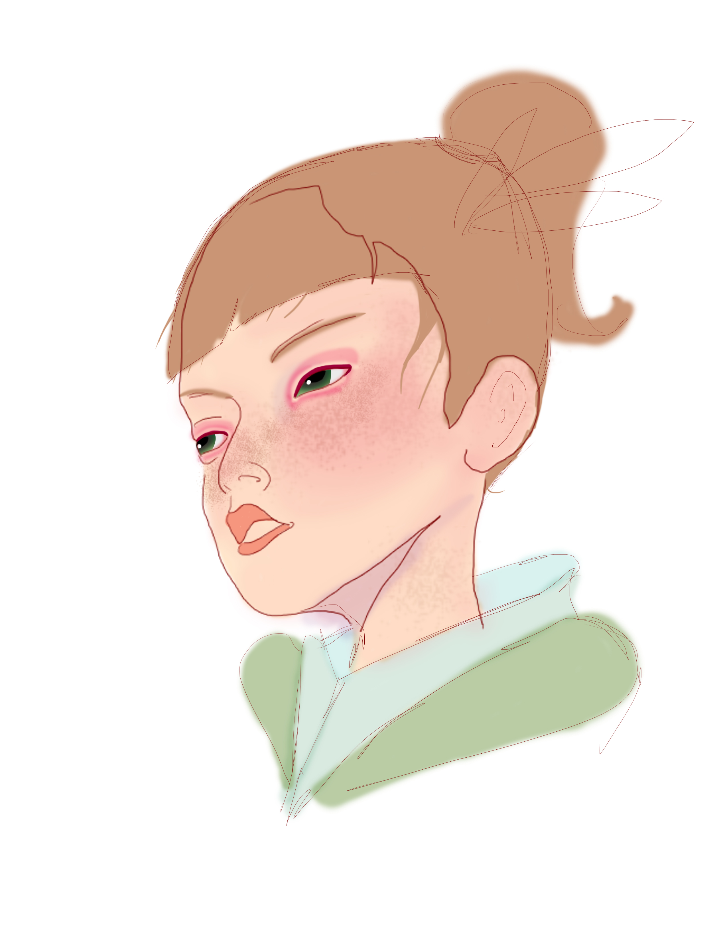 Digital portrait illustration — young woman with hair in a bun, rendered in warm rose and sage tones