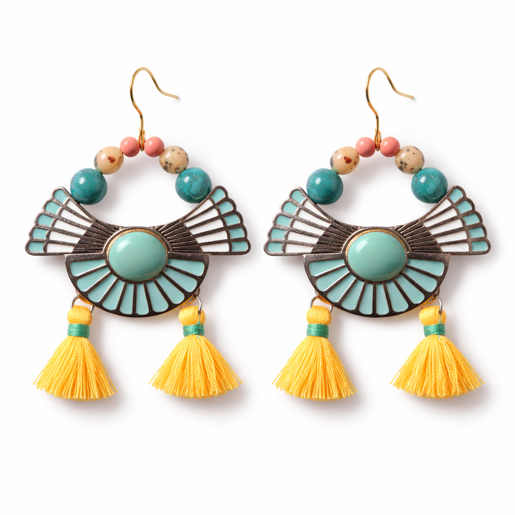 Teal fan earrings with yellow tassels — product shot on clean white background
