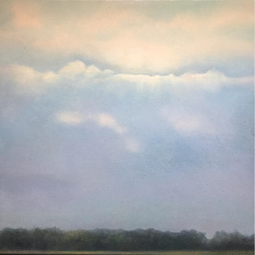Landscape painting — overcast sky with luminous cloud break over a dark treeline, oil on canvas