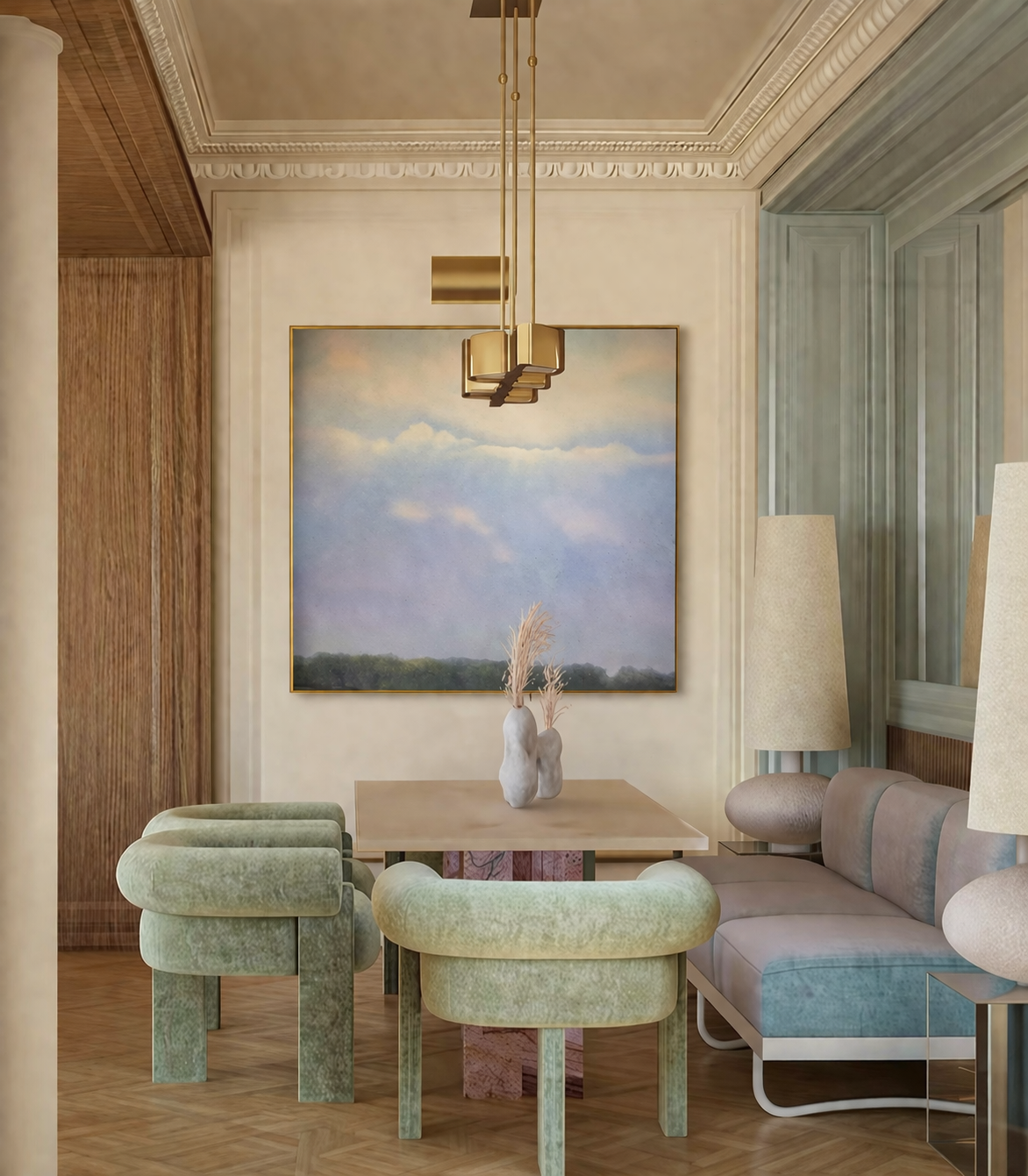 Sky landscape painting installed in an elegant Parisian-style dining room with brass fixtures