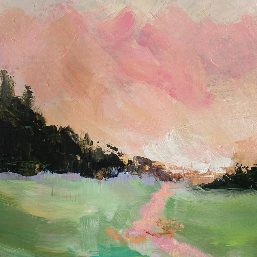 Gestural pink and green landscape — warm sunset palette, oil on canvas
