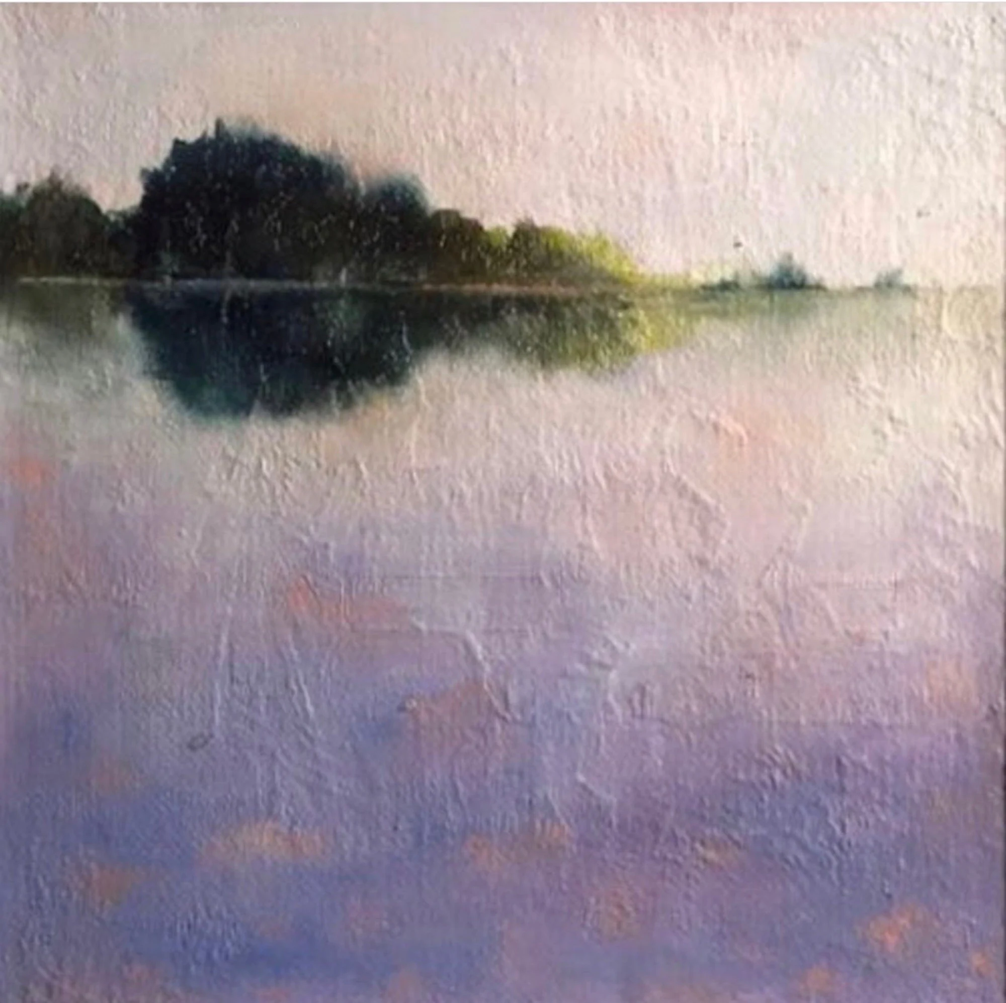 Misty purple lake — atmospheric oil painting with heavy impasto texture and reflected treeline