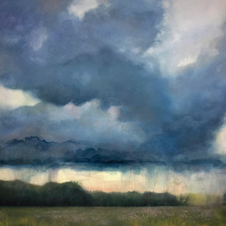 Stormy blue sky landscape — dramatic cloud formations over a flat green horizon, oil on canvas