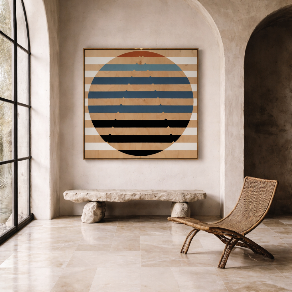 Geometric wood panel painting installed in a bright minimalist hallway with an arched stone doorway