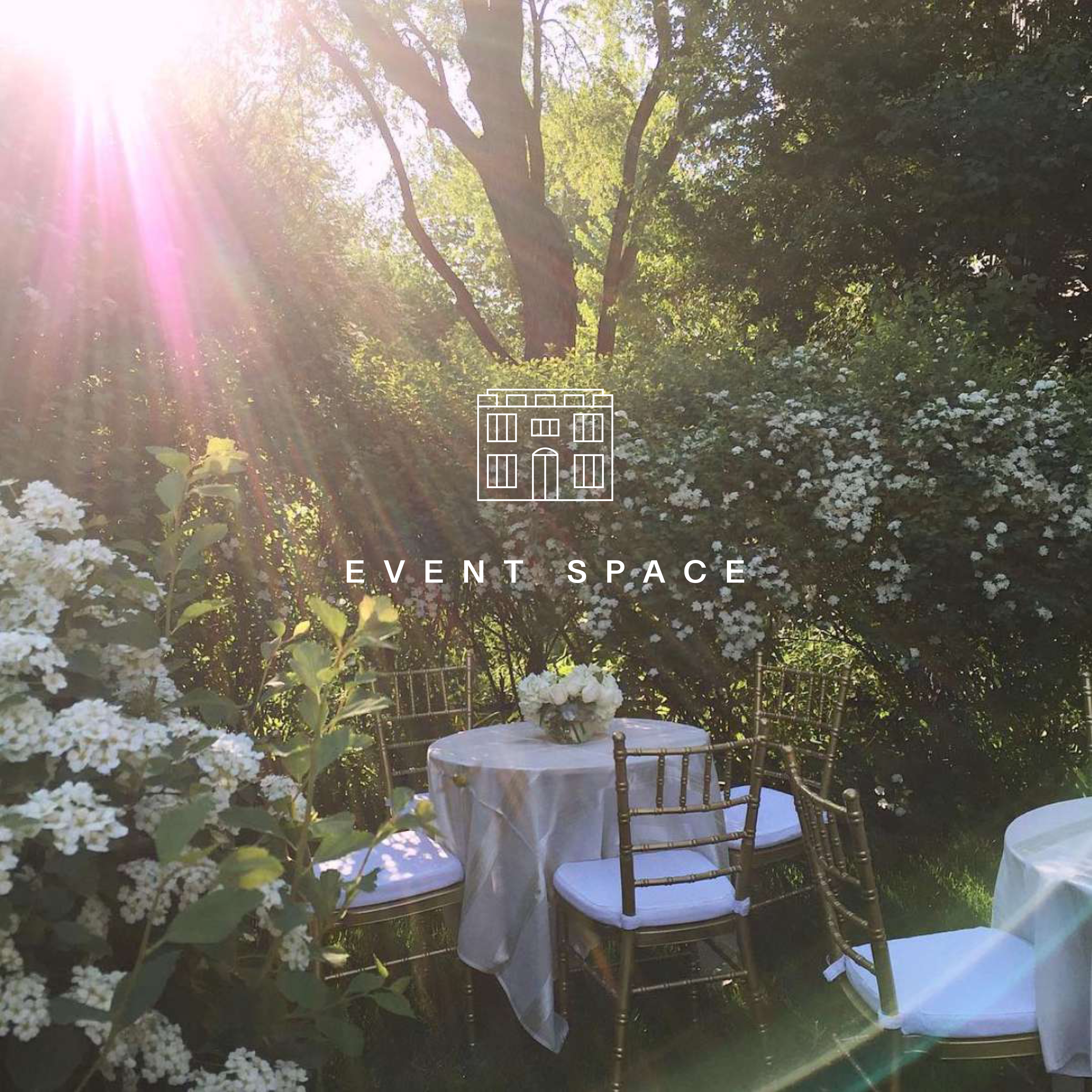 Casa Bianca Event Space — sun-drenched garden terrace with white florals