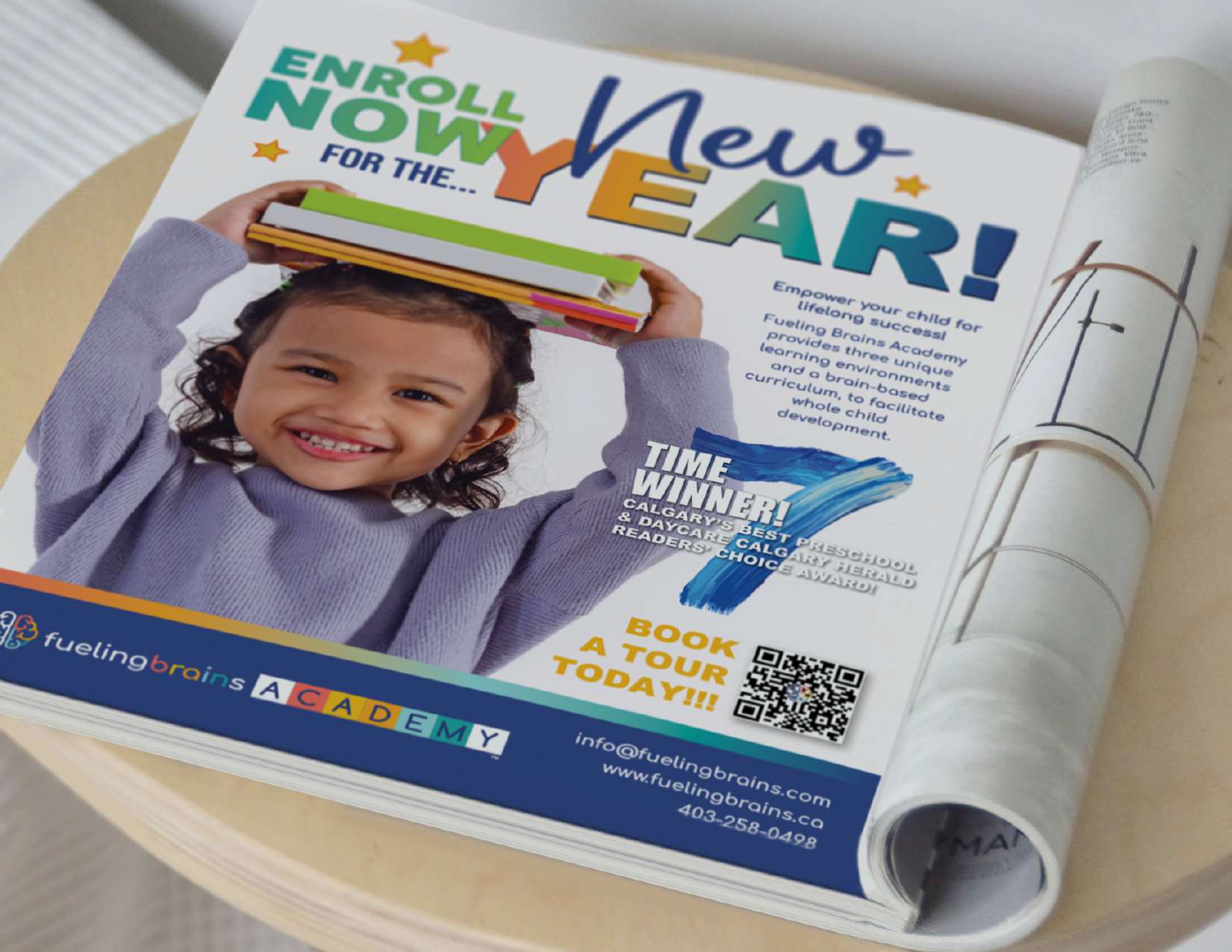Fueling Brains newspaper enrolment ad — Enroll Now for the New Year