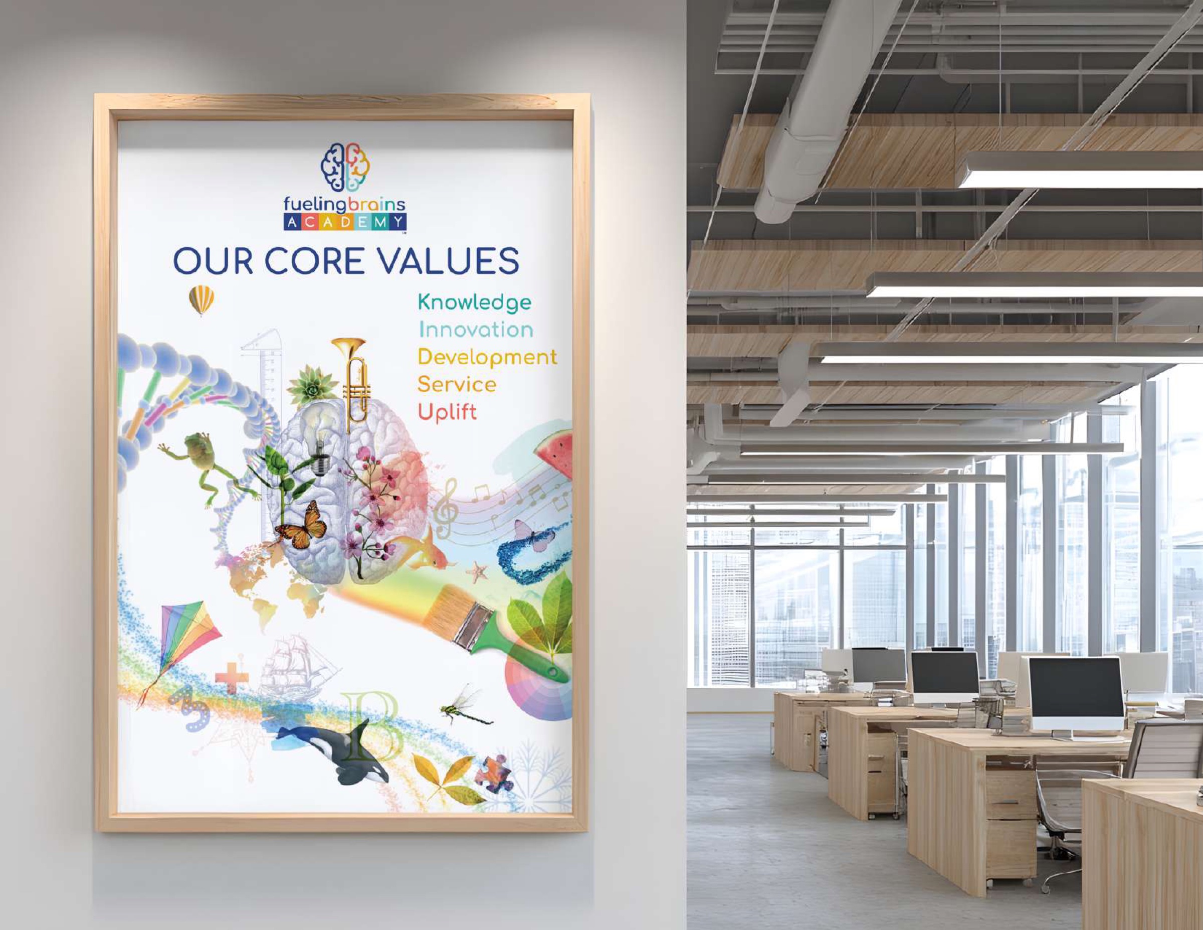 Fueling Brains core values poster in office environment