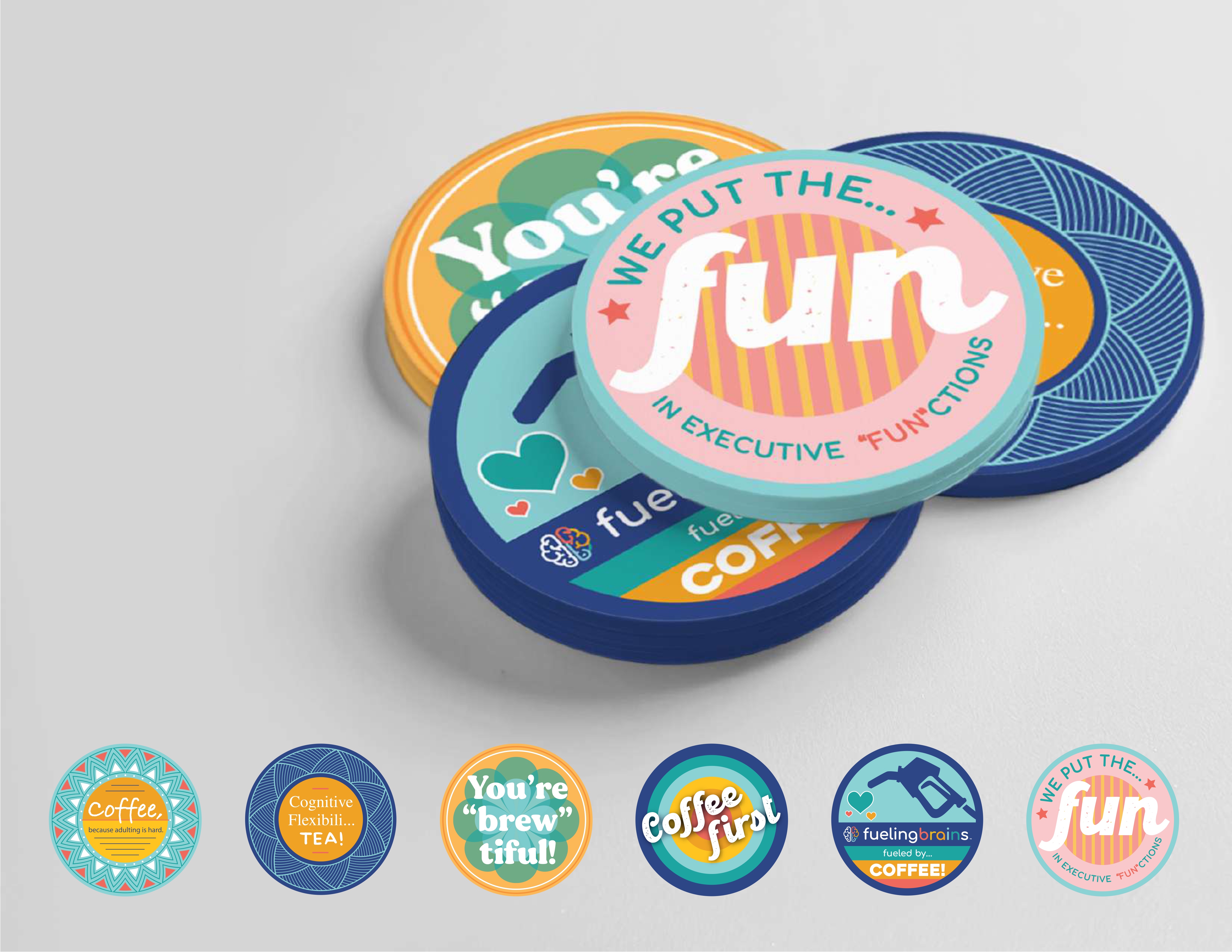 Fueling Brains branded coasters — stacked with playful typography