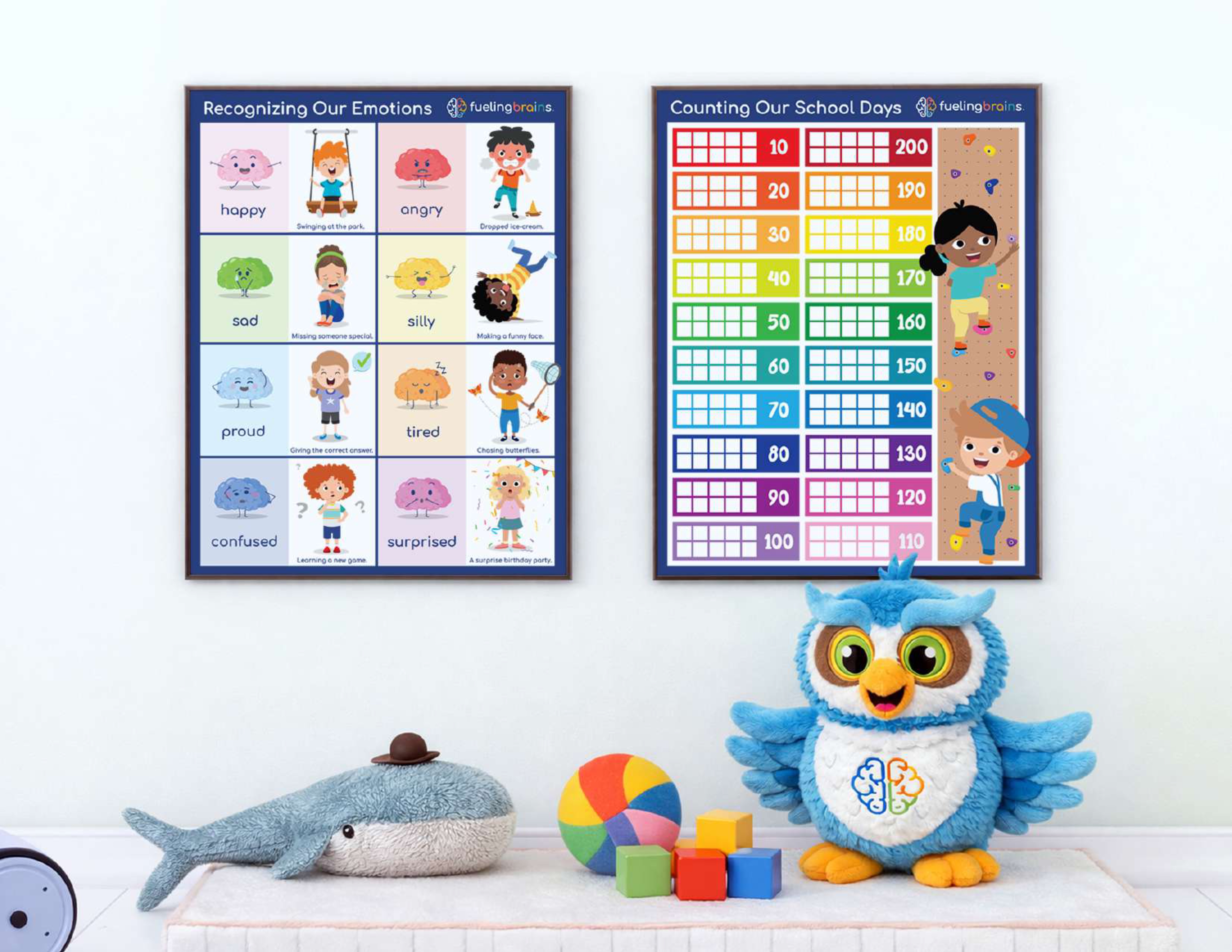 Fueling Brains classroom with educational posters and branded owl plush toy