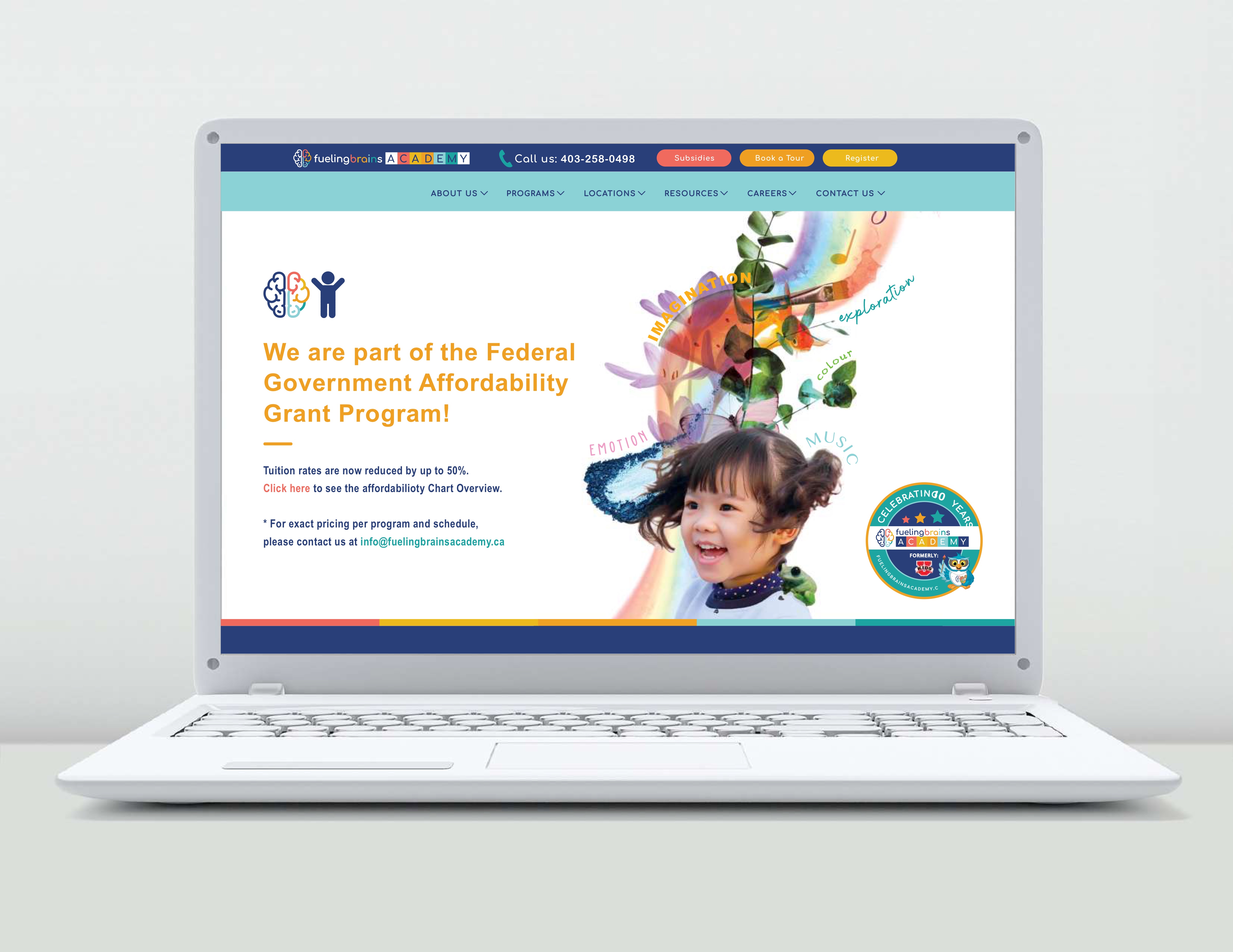Fueling Brains Academy website — homepage with government grant announcement