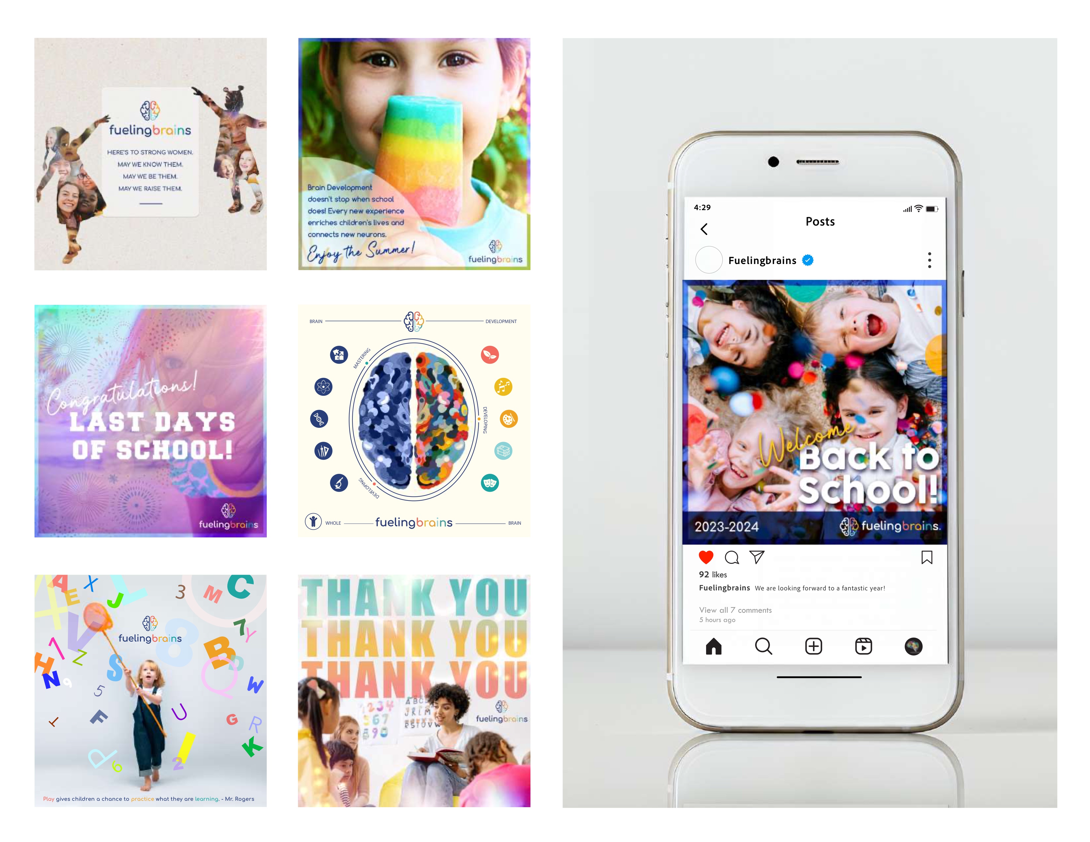 Fueling Brains social media content grid and phone mockup
