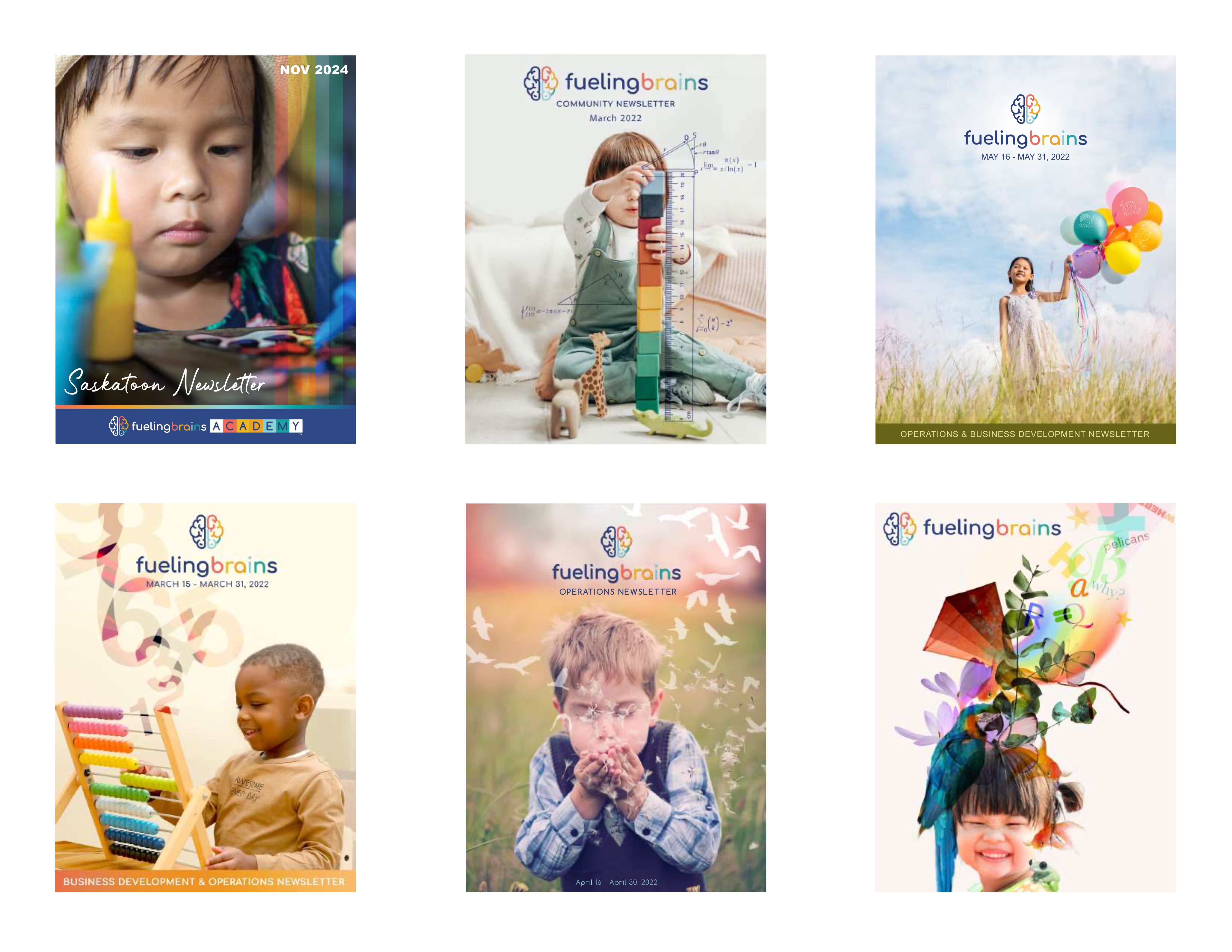 Fueling Brains Academy — six community newsletter covers
