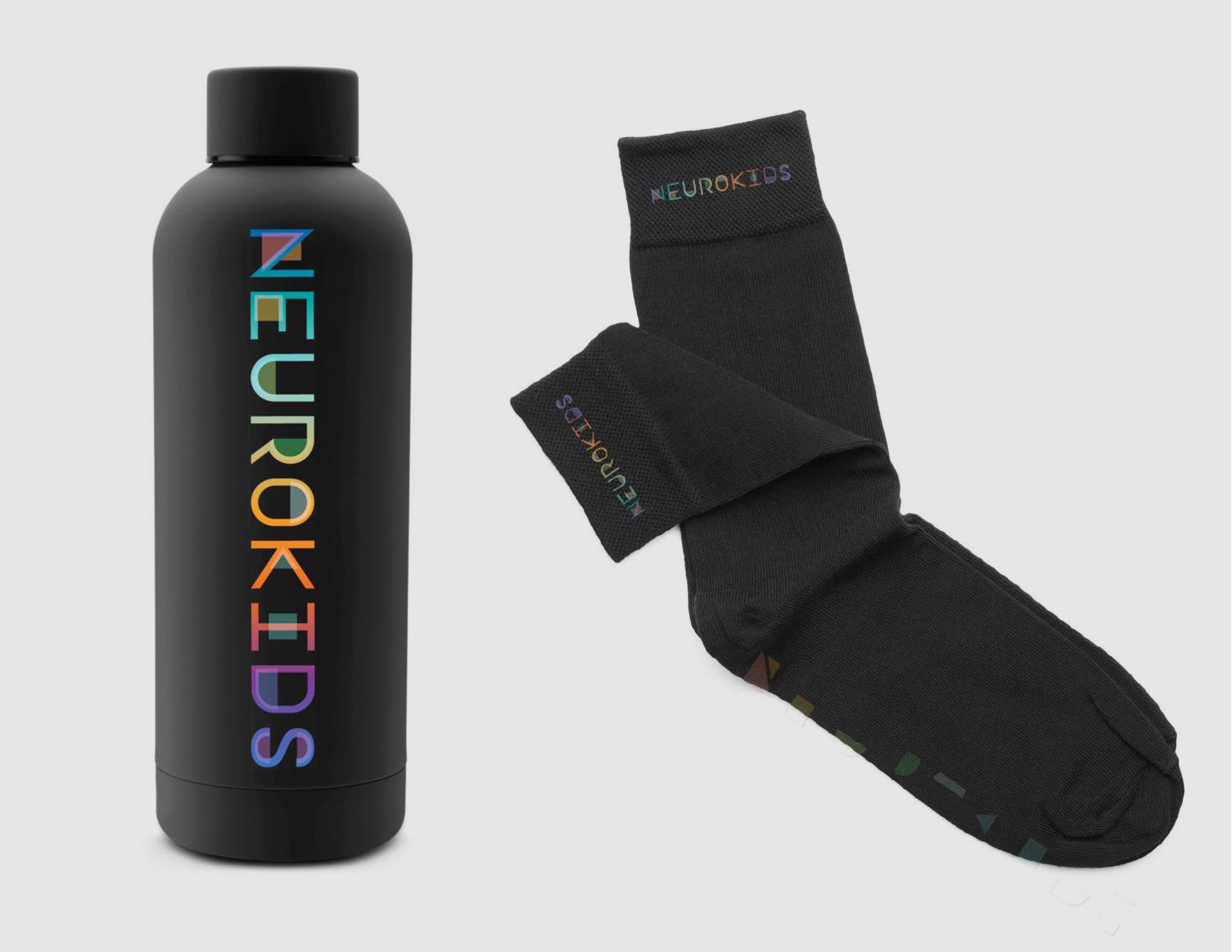 Neurokids 2023 branded water bottle and socks — black with gradient wordmark