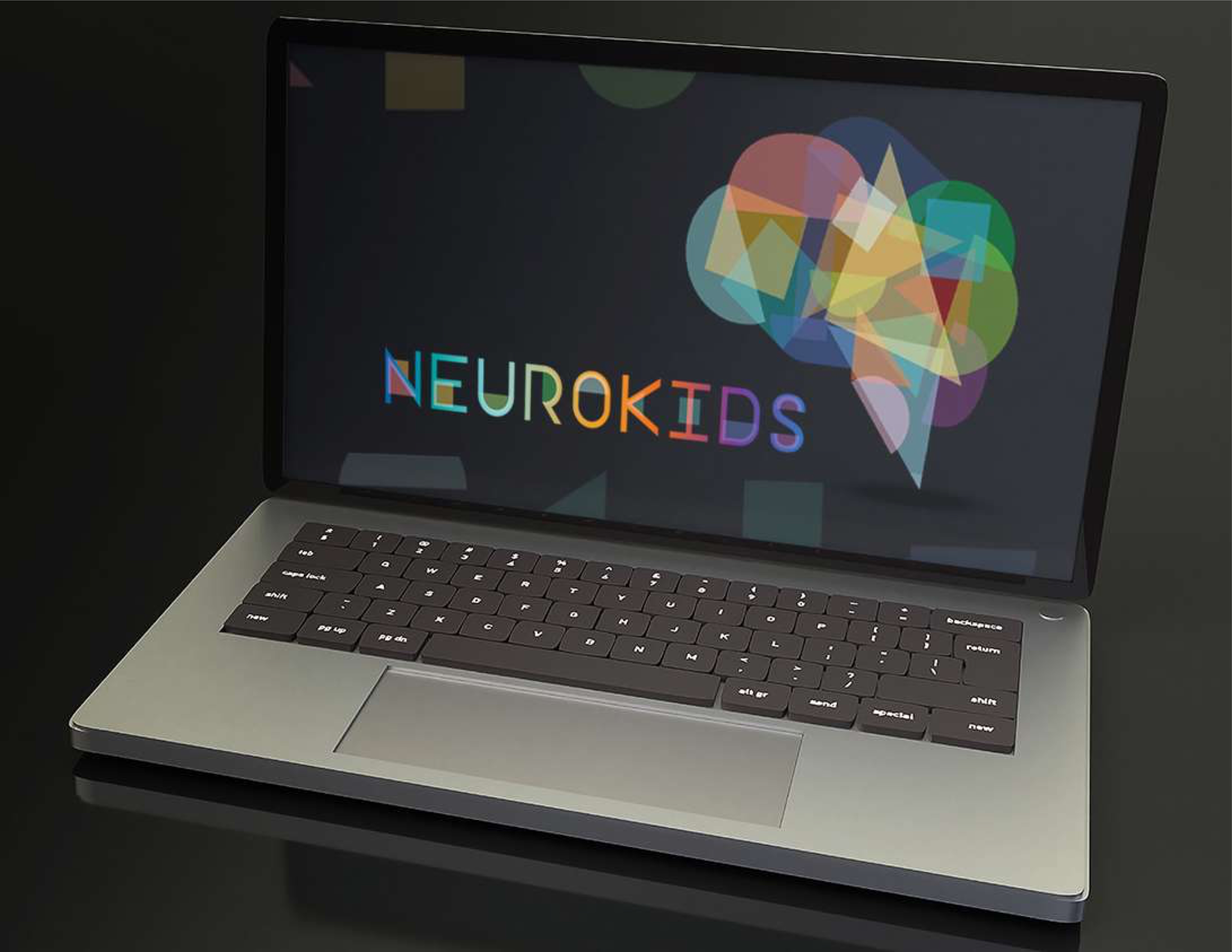 Neurokids 2023 website — dark homepage with geometric brain logo on laptop