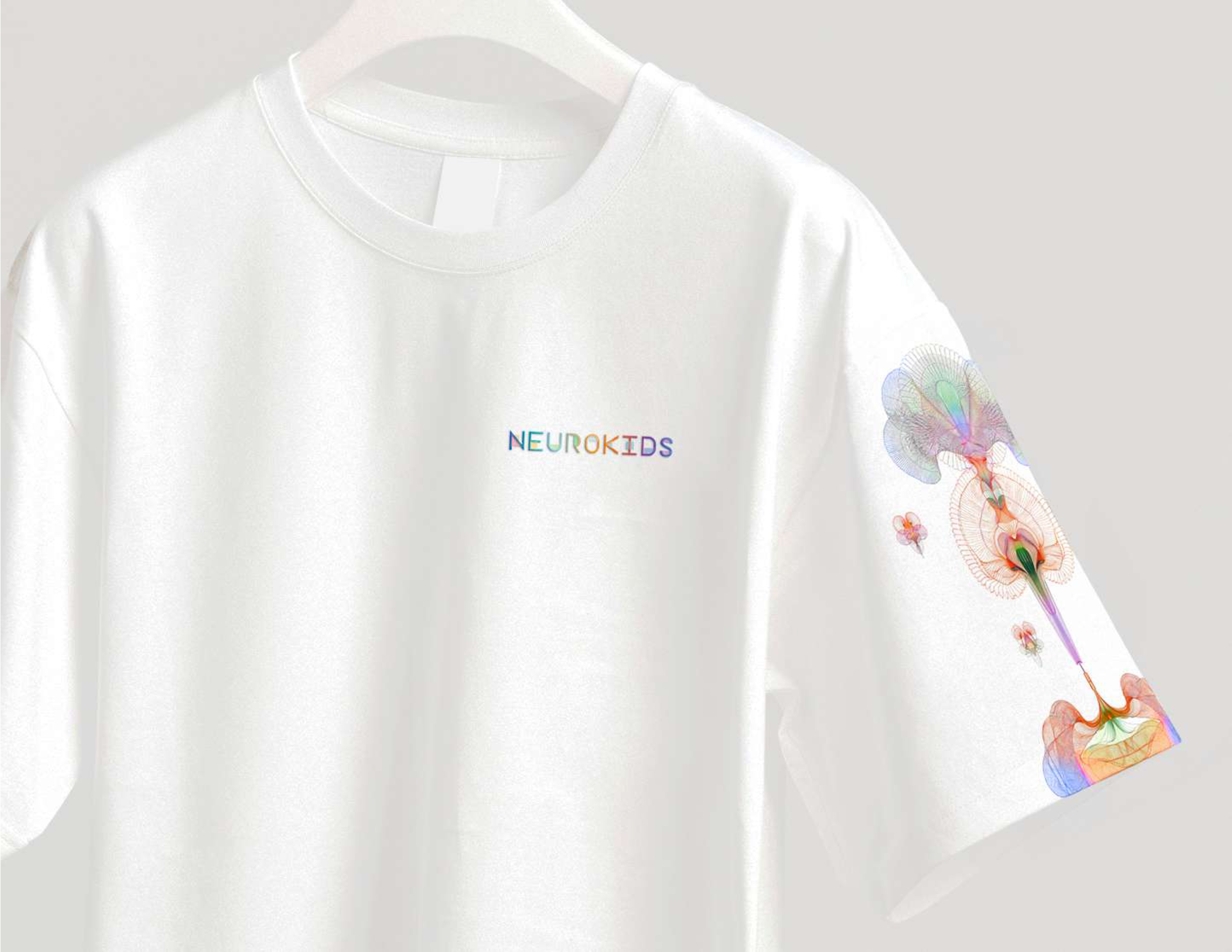 Neurokids 2025 white t-shirt with neural illustration on sleeve