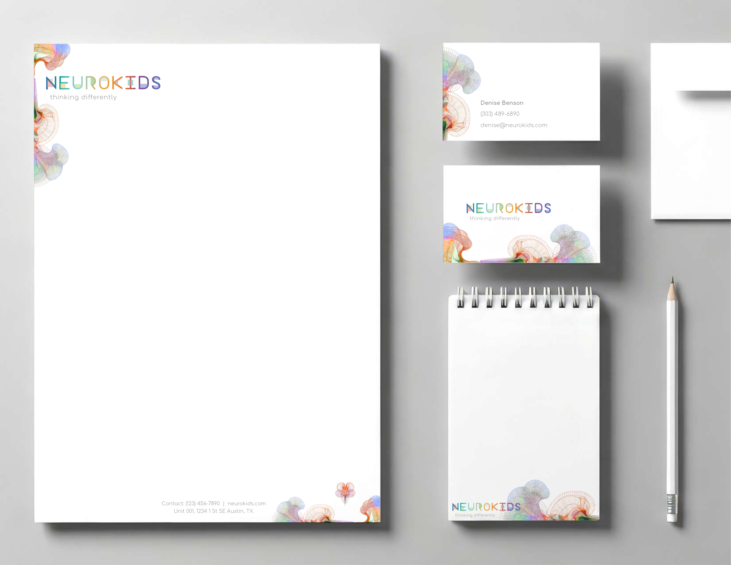 Neurokids 2025 stationery system — light, organic identity
