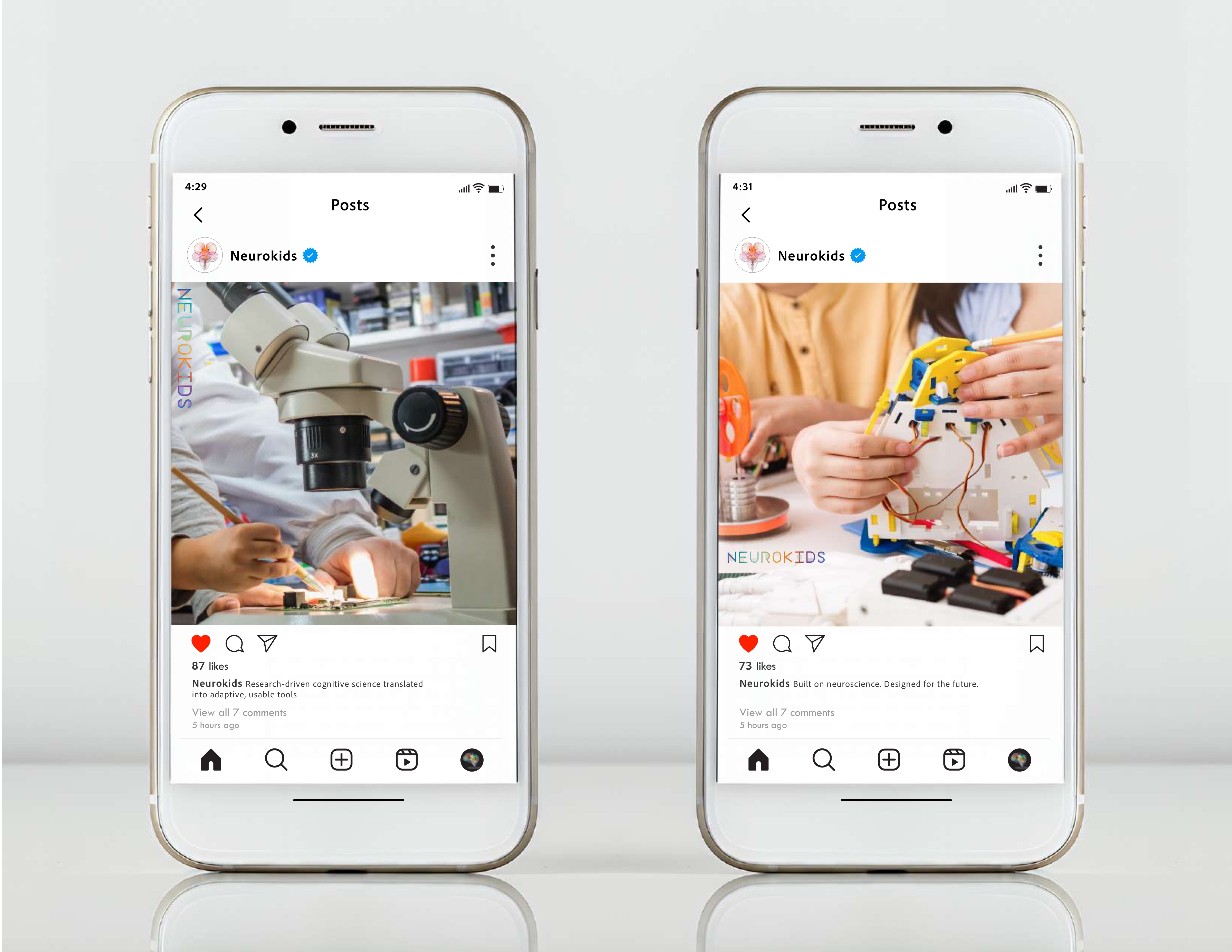Neurokids 2025 social media mockups — two white iPhones with Instagram posts