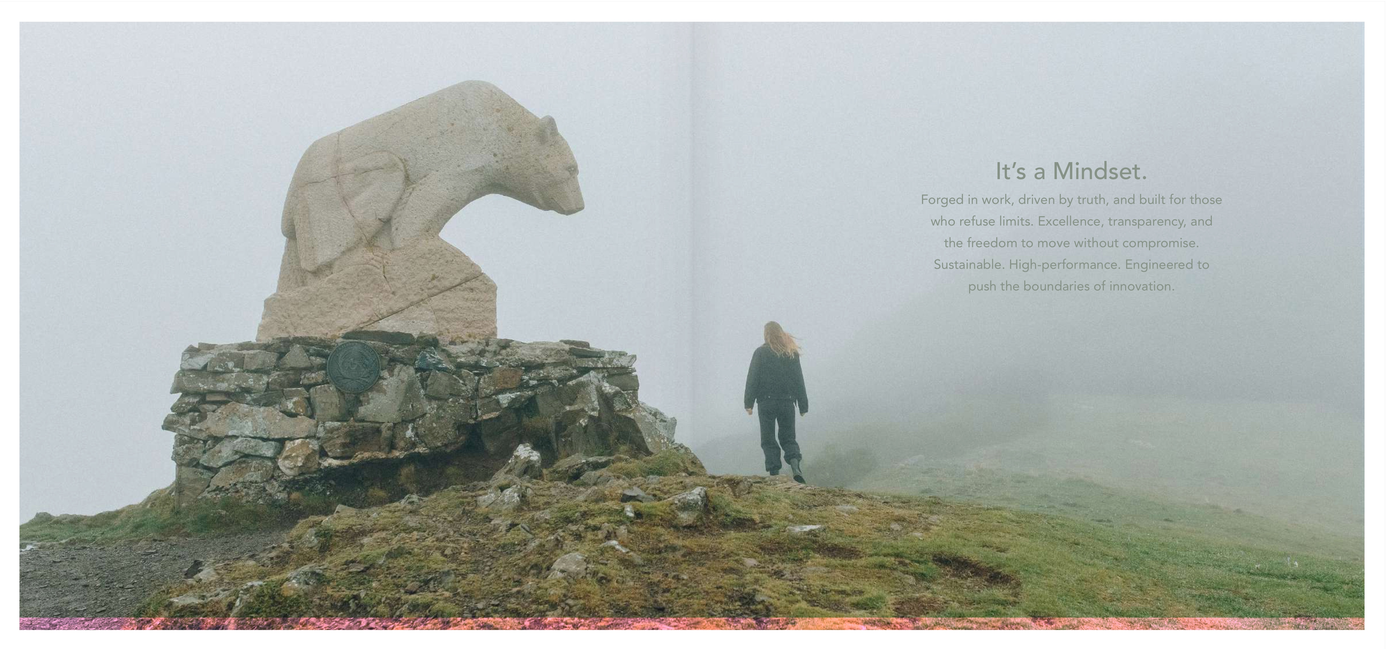 POW brand book spread — It's a Mindset, stone bear sculpture and lone figure in fog